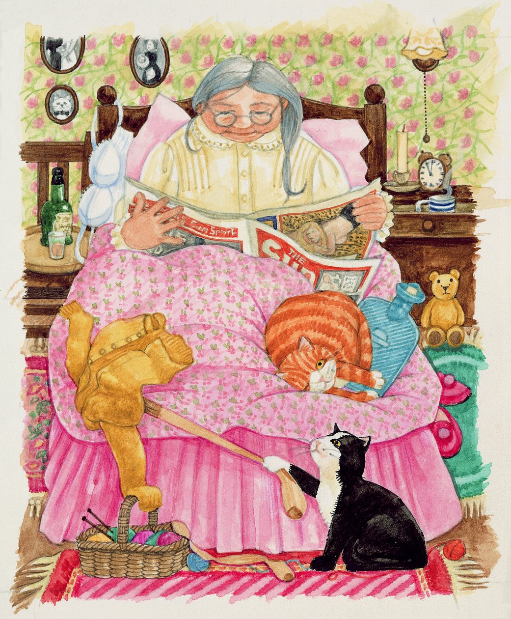 Anneanne ve 2 kedi ve pembe bir yatak (kağıt üzerinde wc) by Linda Benton