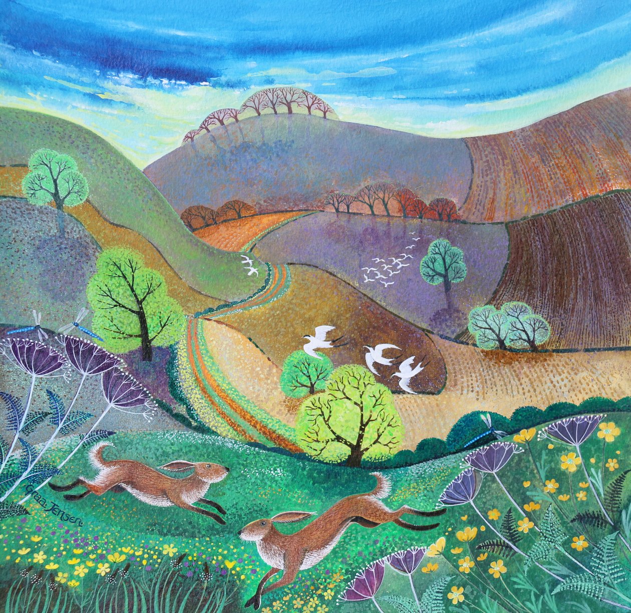 Downland Hares,2017,(kağıt üzerinde akrilik) by Lisa Graa Jensen