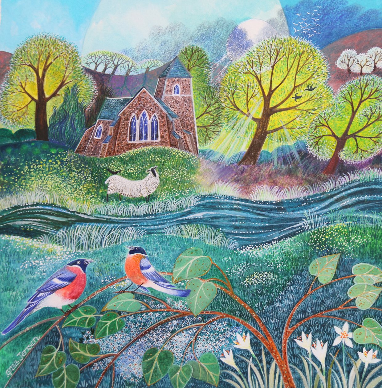 Finches, 2020,(kağıt üzerinde akrilik) by Lisa Graa Jensen