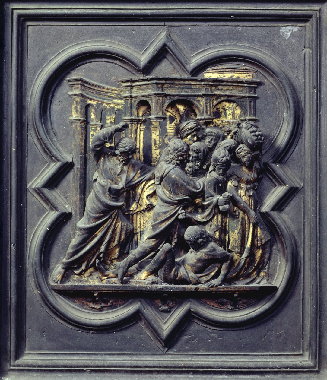 Tapınaktan Tüccarları Kovalayan Mesih, San Giovanni Vaftizhanesinin Kuzey Kapılarının yedinci paneli, 1403-24 (bronz) by Lorenzo Ghiberti