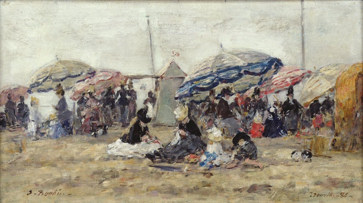 Trouville Sahilinde Şemsiyeler, 1886 (tahta üzerine yağlı boya) by Eugene Louis Boudin