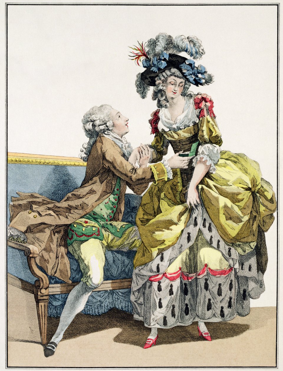 Bir Hanımefendiye 'Marguerite' Tarzı Elbise ve Şapka 'a la Henri IV' içinde evlenme teklif eden zarif beyefendi, 'Galerie des Modes et Costumes Francais'den bir levha, Dupin tarafından oyulmuş, 1778 by Francois Louis Joseph Watteau