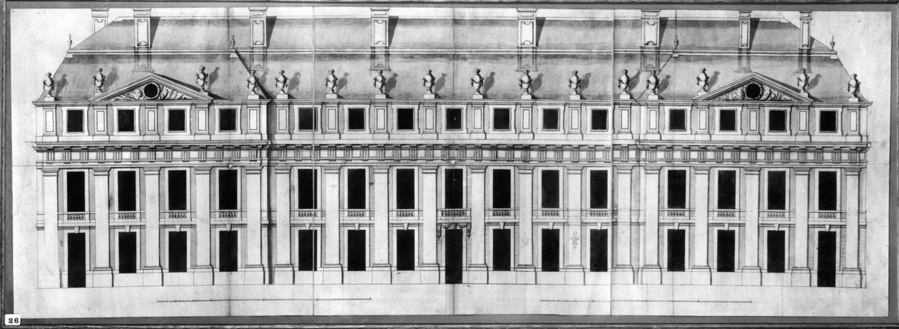 Chateau de Vincennes: Köşe Köşkünün Cephesinin Yükselişi, 1658 (kalem ve mürekkep ve kağıt üzerinde yıkama) by Louis Le Vau