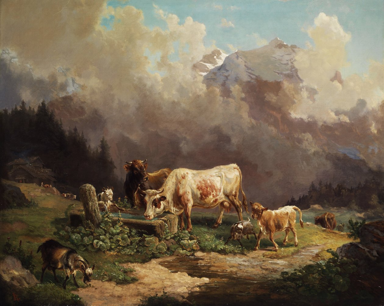 Vieh im Hochgebirge an der Tränke by Louis Reinhardt
