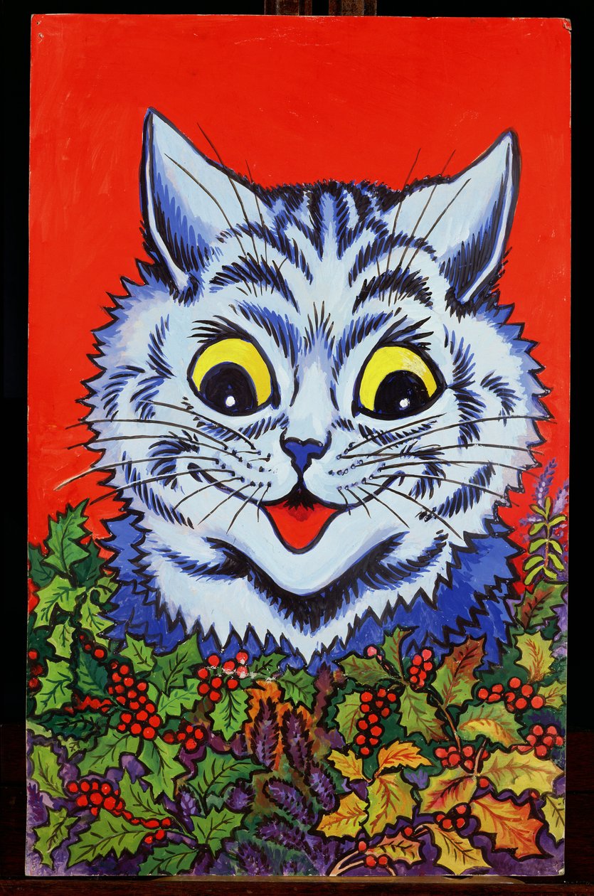 Cat in Holly (gouache) by Louis Wain