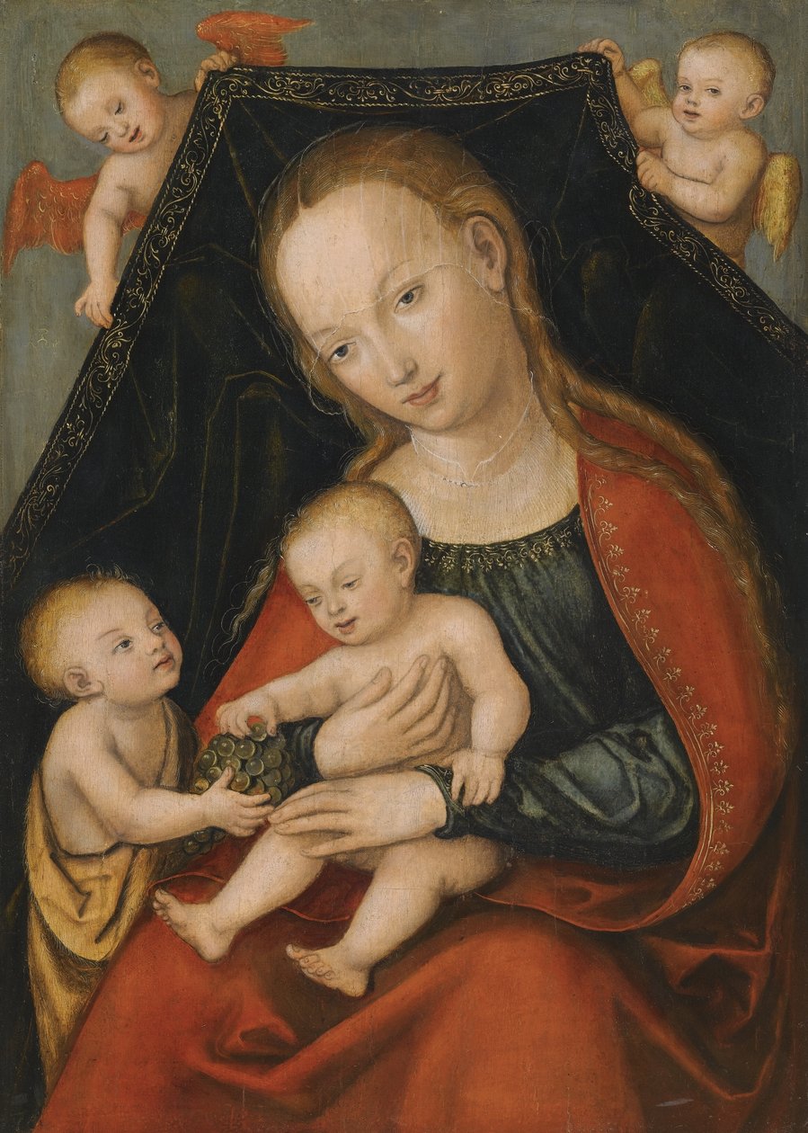 Bebek İsa, Vaftizci Yahya ve iki melek ile Madonna by Lucas Cranach the Elder