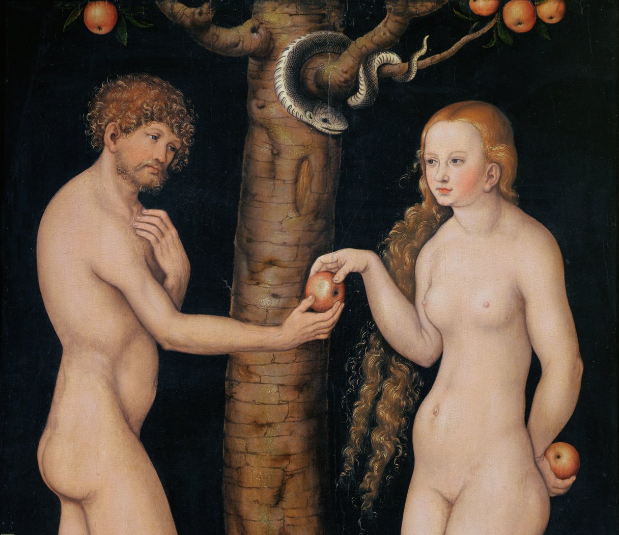Havva'nın Cennet Bahçesi'nde Adem'e elmayı sunan, c.1520-25 ahşap detayı 407328 by Lucas Cranach the Elder
