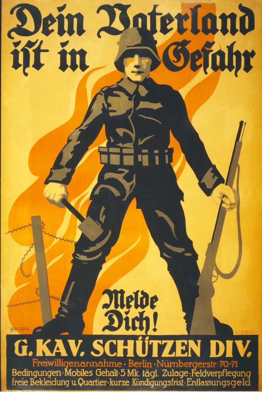 Almanca İşe Alım Afişi 'Anavatanınız tehlikede, iletişime geçin!' bar. Berlin c.1914-16 by Lucian Zabel