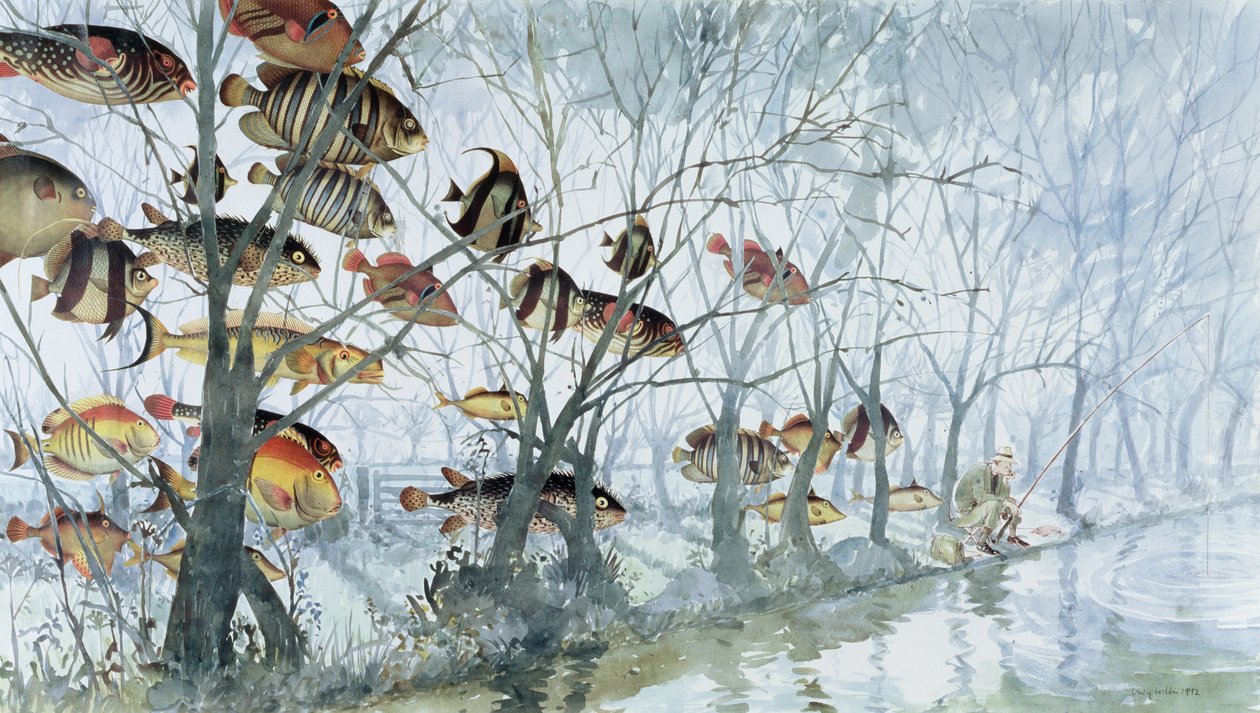Fly Fishing, 1992 (kağıt üzerine wc, kolaj, kalem ve mürekkep) by Lucy Willis