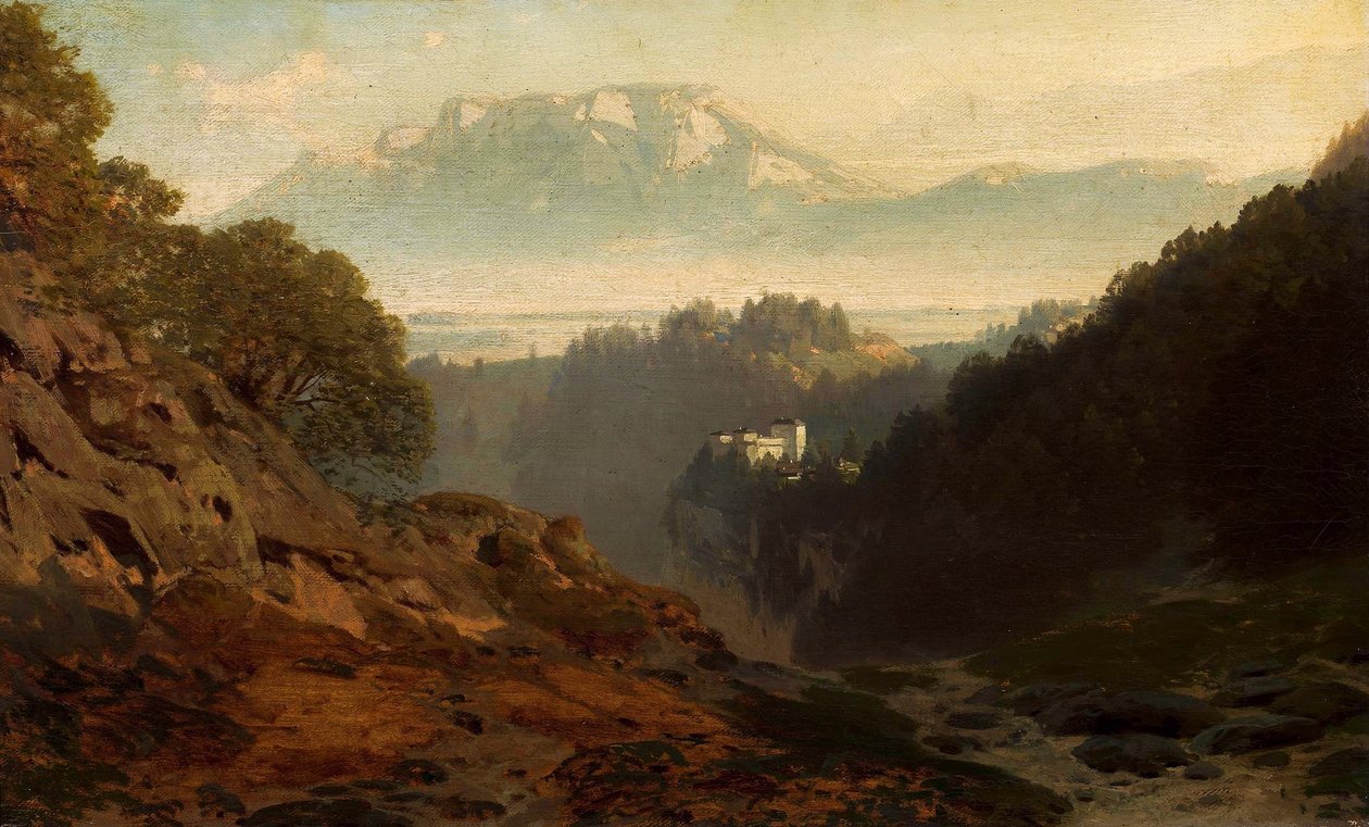 Bir kale ile dağ manzarası. by Ludwig Willroider