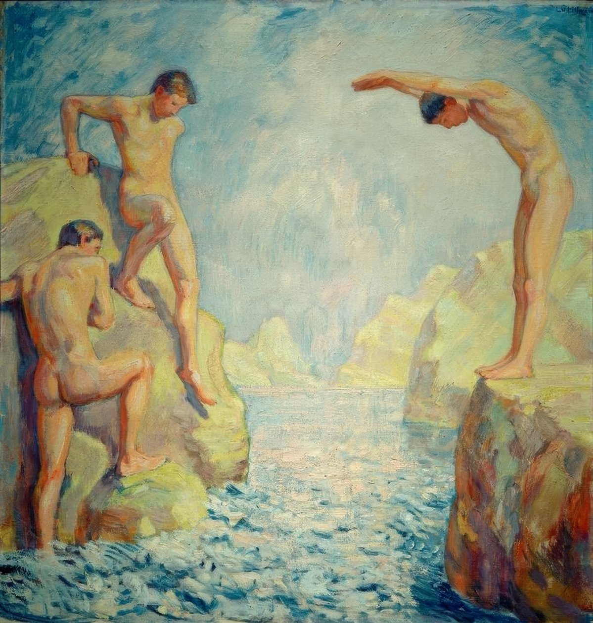 Genç erkeklerle kayalık sahil by Ludwig von Hofmann