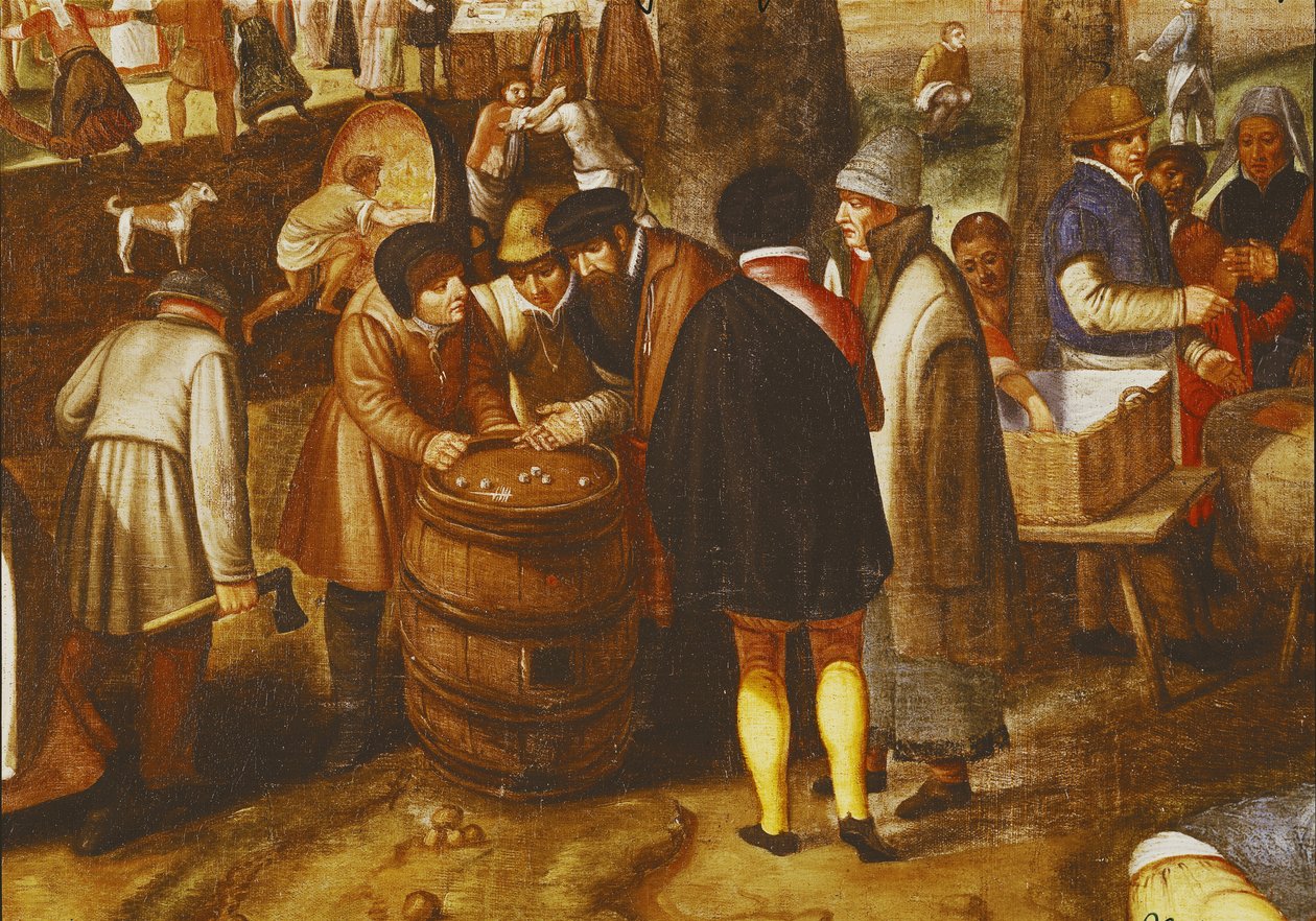 Flaman Fuarı, zar oynayan erkeklerin detayı by Maerten van Cleve