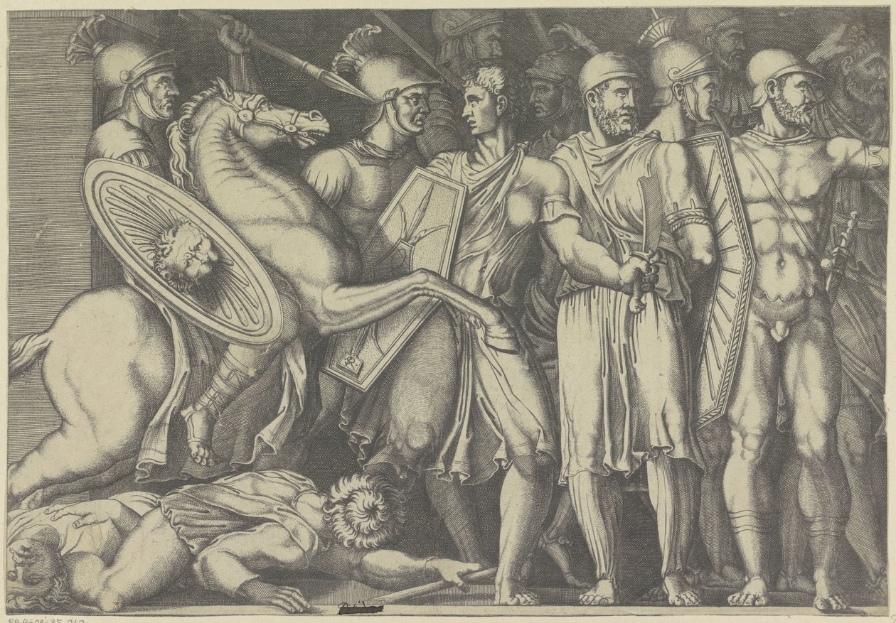 Daçyalılarla savaşan Trajan by Marco Dente (attributed to)