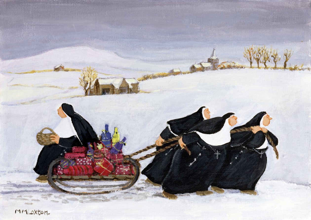 Kızakla kayma (kağıt üzerine yağlıboya) by Margaret Loxton