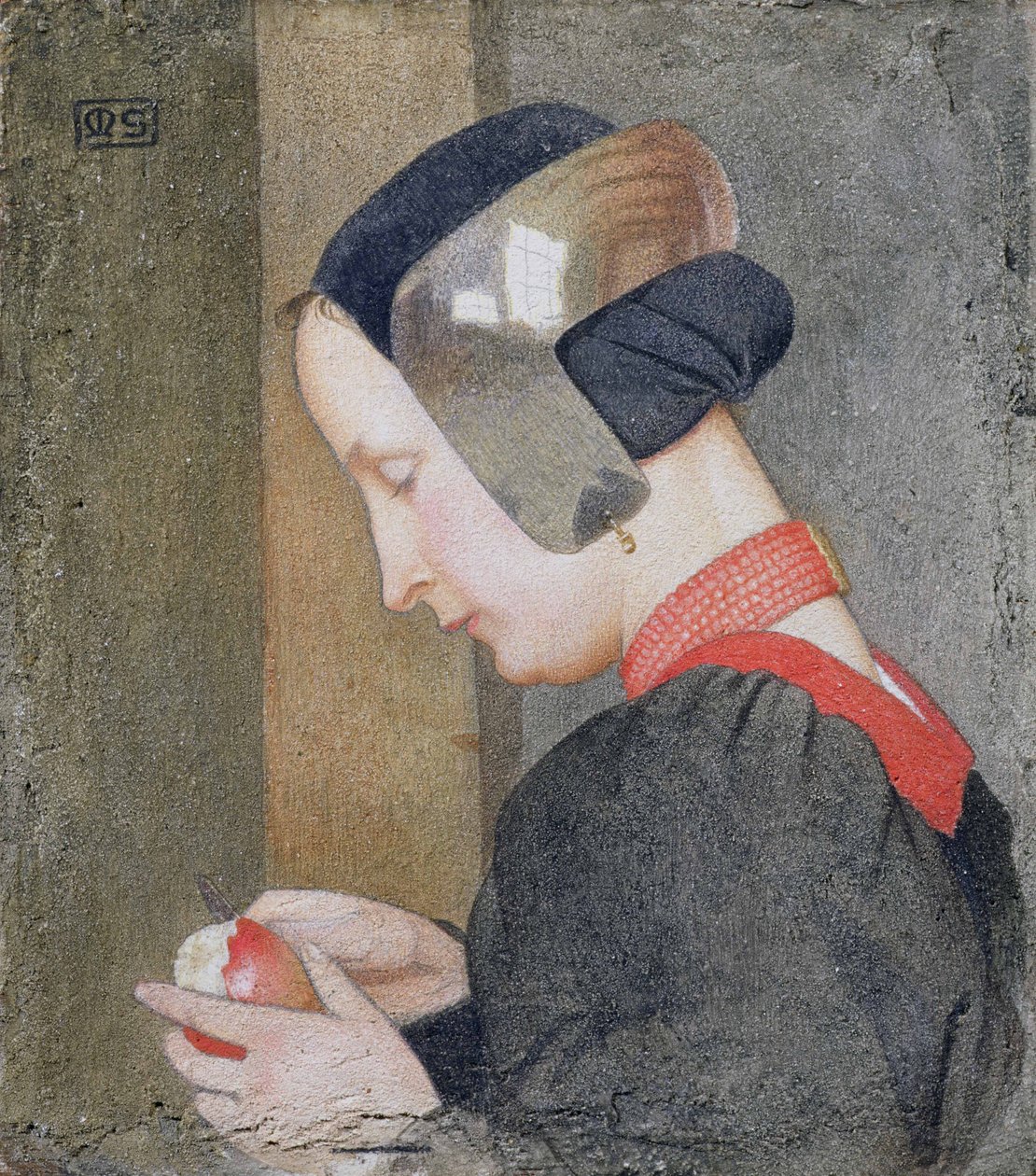 Elmayı Soyan Bir Kadının Portresi (jessolu panelde tempera) by Marianne Stokes