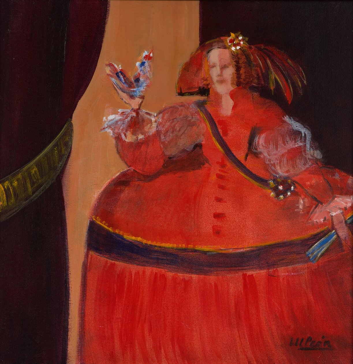 Küçük Horozlu Kırmızı Menina (tuval üzerine yağlı boya ve akrilik) by Marisa Leon