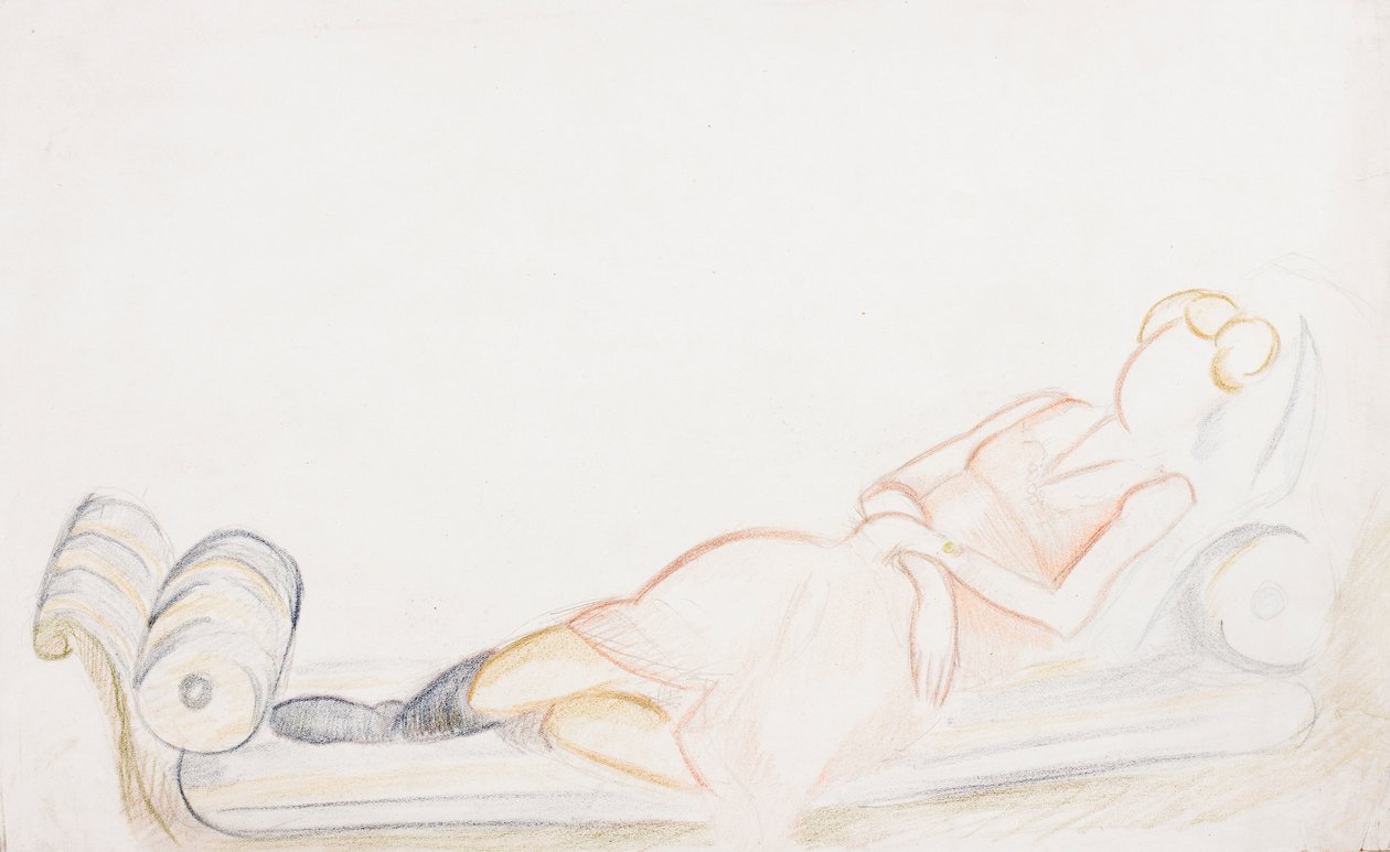 Bir divan üzerinde Christine Mavrogordato, 1928 dolayları (kağıt üzerinde kurşun kalem ve mum boya) by Mark Gertler