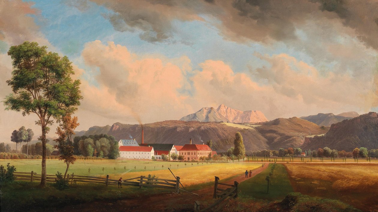 Güneyde Klagenfurt yakınlarındaki Ebenthal, ön planda Puntschart ailesinin malikanesi ve fabrikası ile Großnighof, arka planda Ebenthal Kalesi ve Hochobir by Marko Pernhart