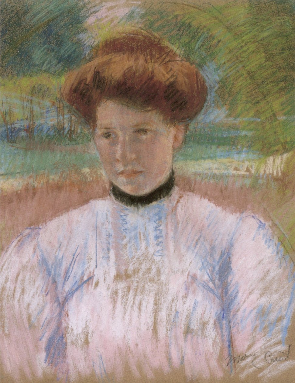  Young Woman with Auburn Hair in a Pink Blousen by Mary Cassatt