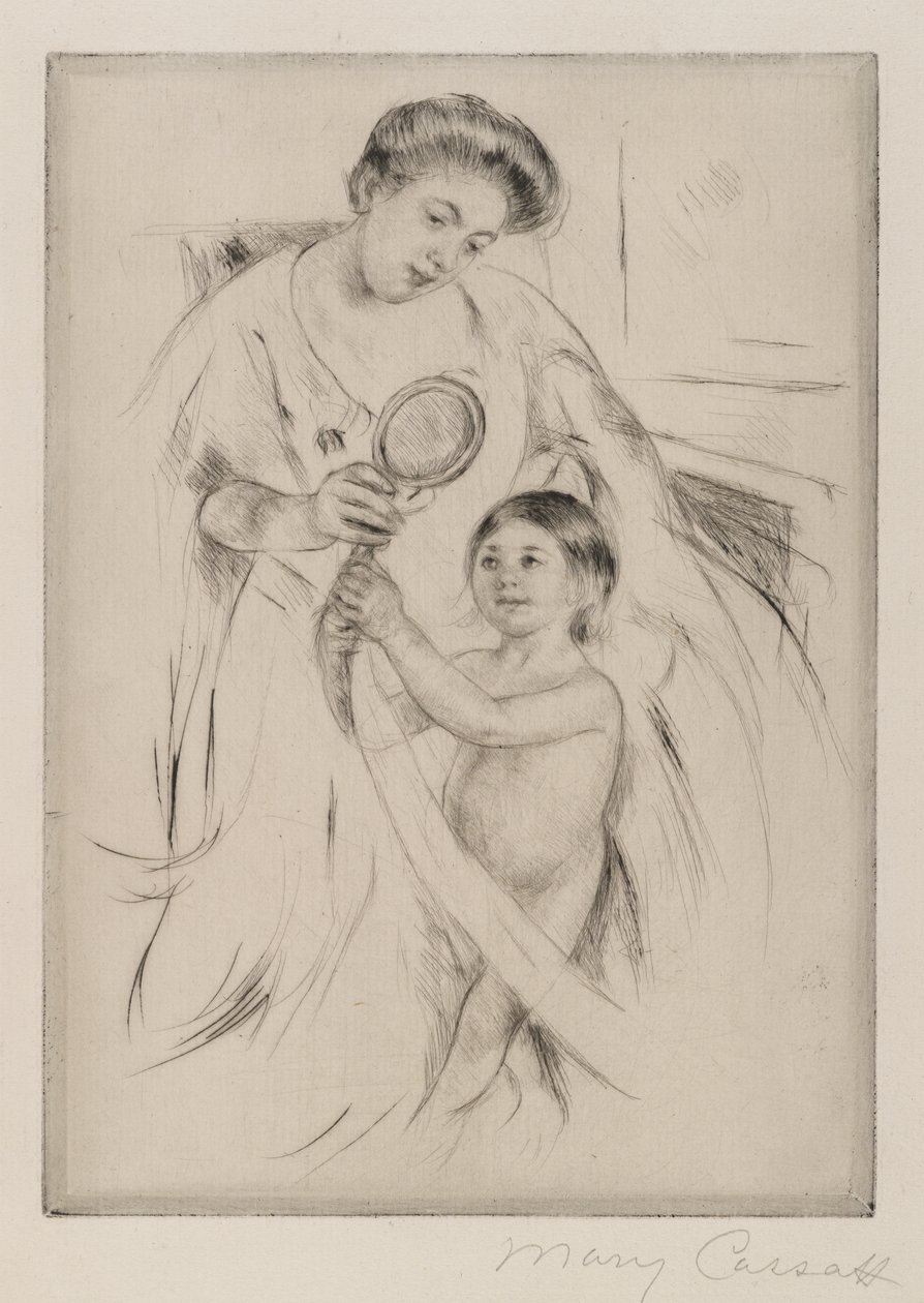 La Glace a Main, c.1905 (krem renkli serilmiş kağıt üzerinde kuru nokta) by Mary Cassatt