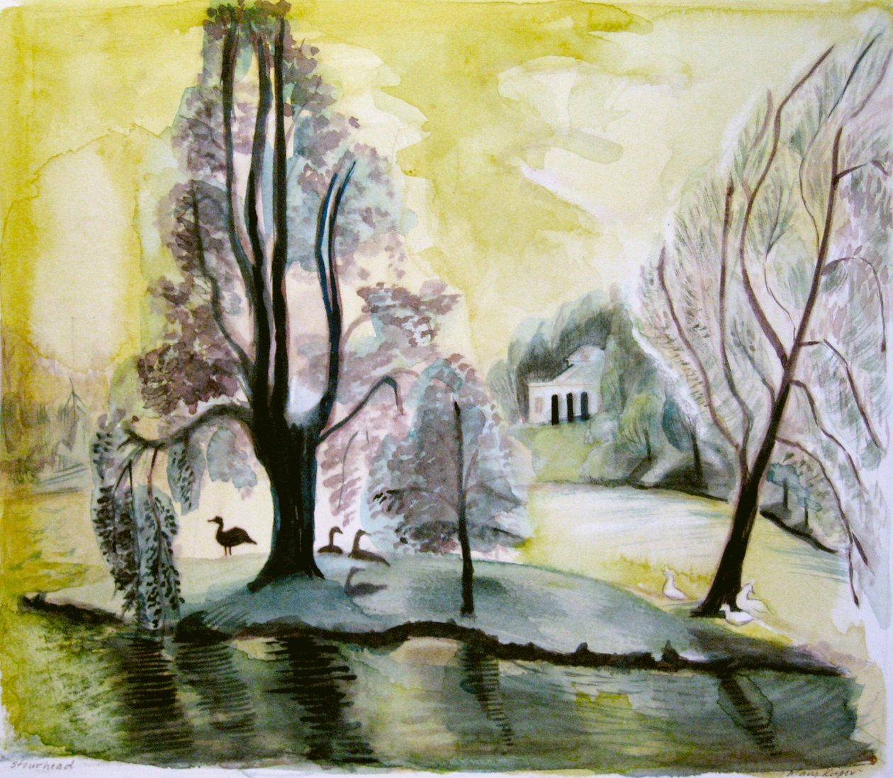 Stourhead, akşam gölü, 2006 (suluboya) by Mary Kuper