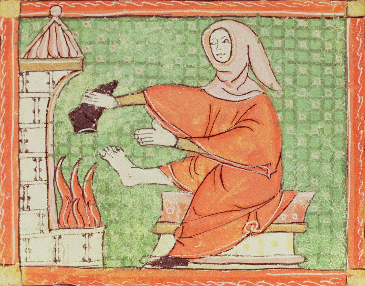 Fol.58r ಫೆಬ್ರವರಿ: ವಾರ್ಮಿಂಗ್ ಬೈ ದಿ ಫೈರ್ (ವೆಲ್ಲಂ) ಟರ್ಕ್ by Matfre Ermengaut