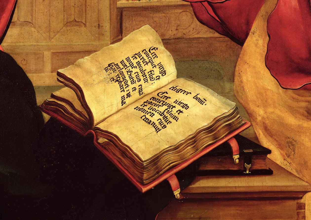 Bakire'nin Kitabı, Isenheim Altarpiece'deki Müjde'den detay, c1512-16 by Matthias Grünewald