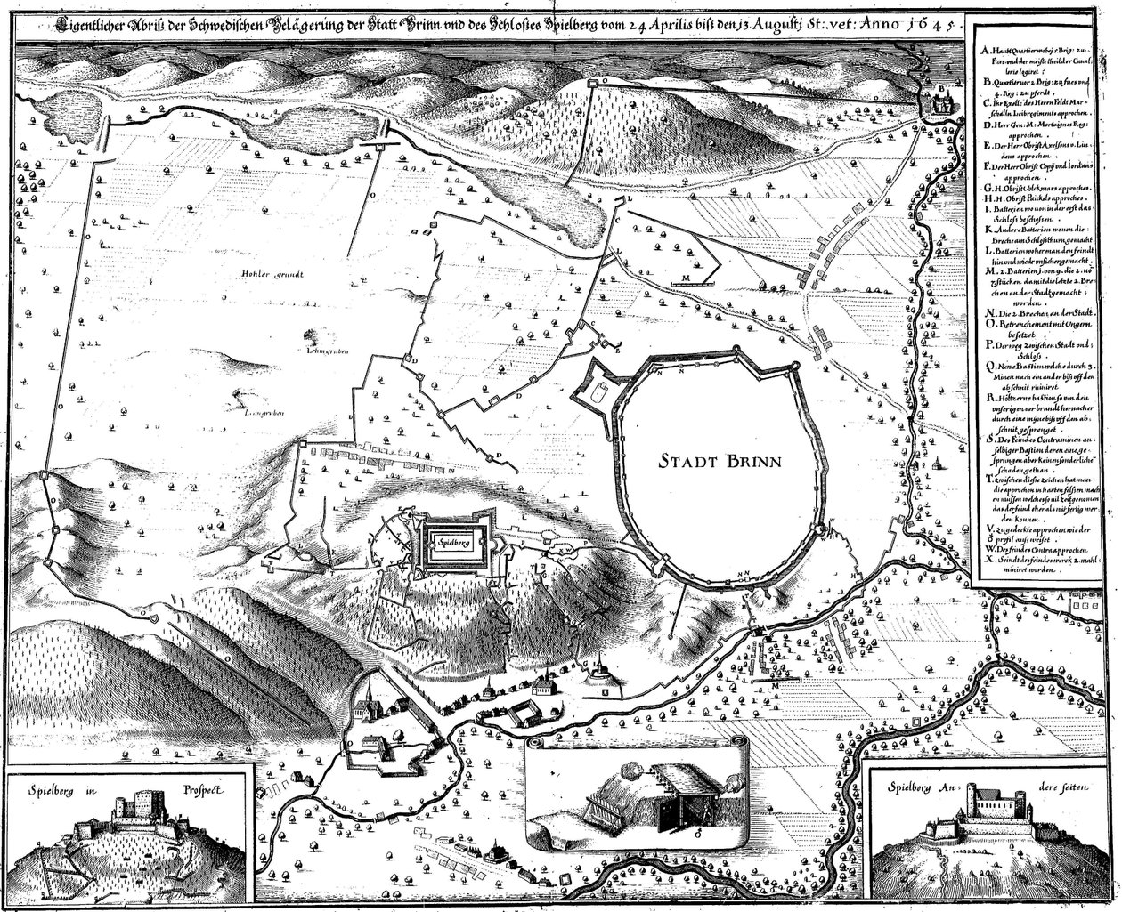 1645 yılında Brno şehrinin planı, yani İsveçliler tarafından kuşatma döneminde, Merian tarafından by Matthaus Merian