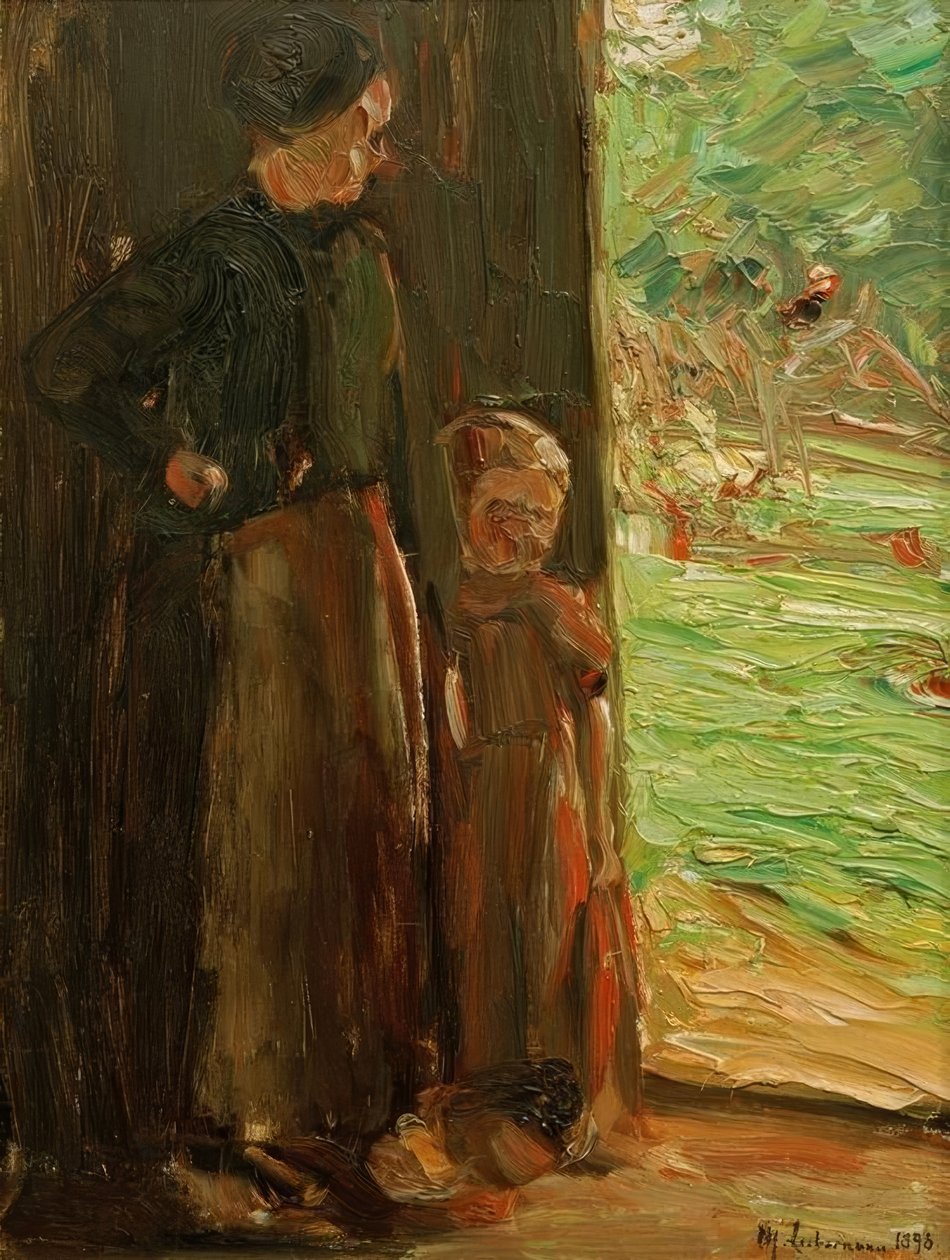 Kapının altında çocuğu olan köylü kadın by Max Liebermann