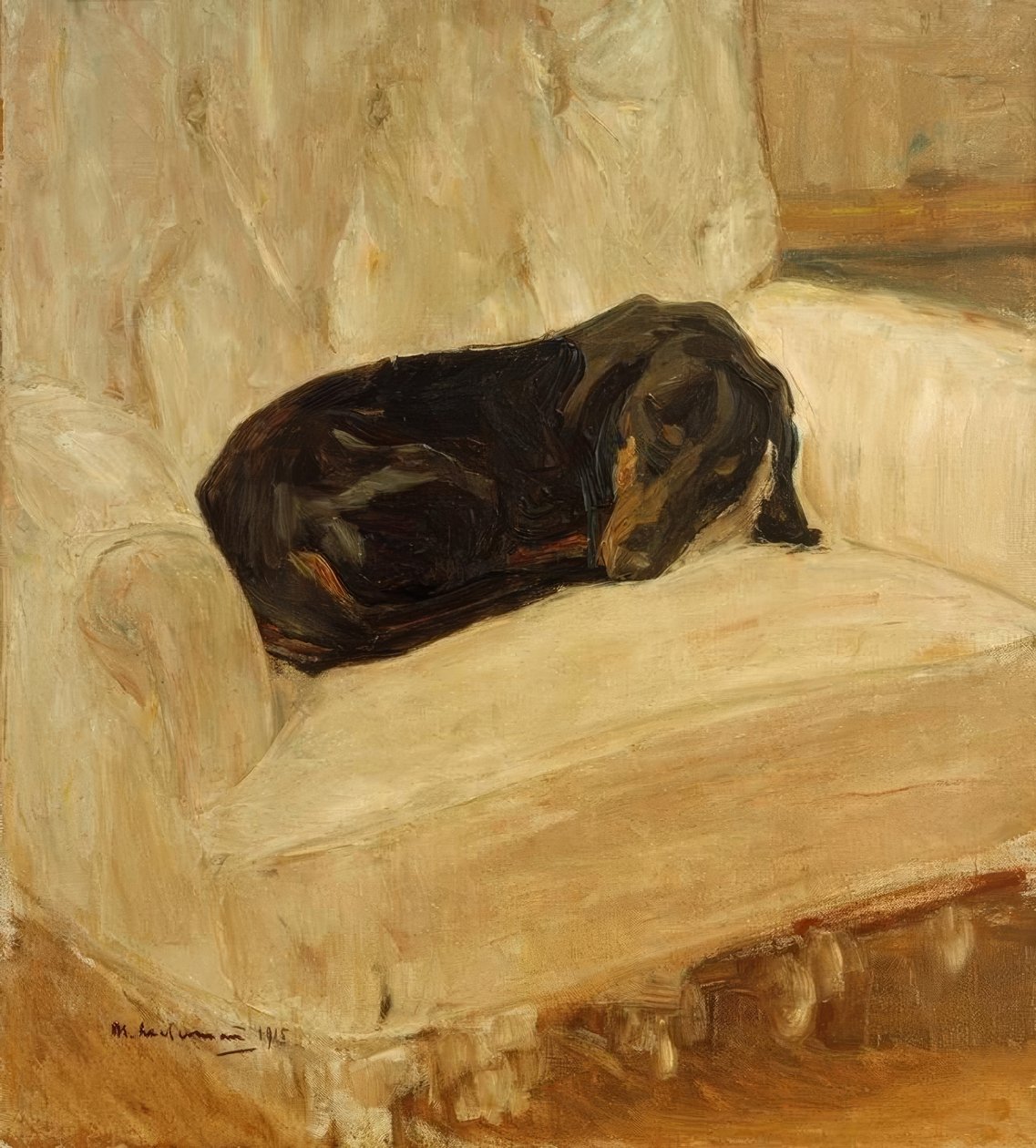 Bir koltukta uyuyan dachshund by Max Liebermann