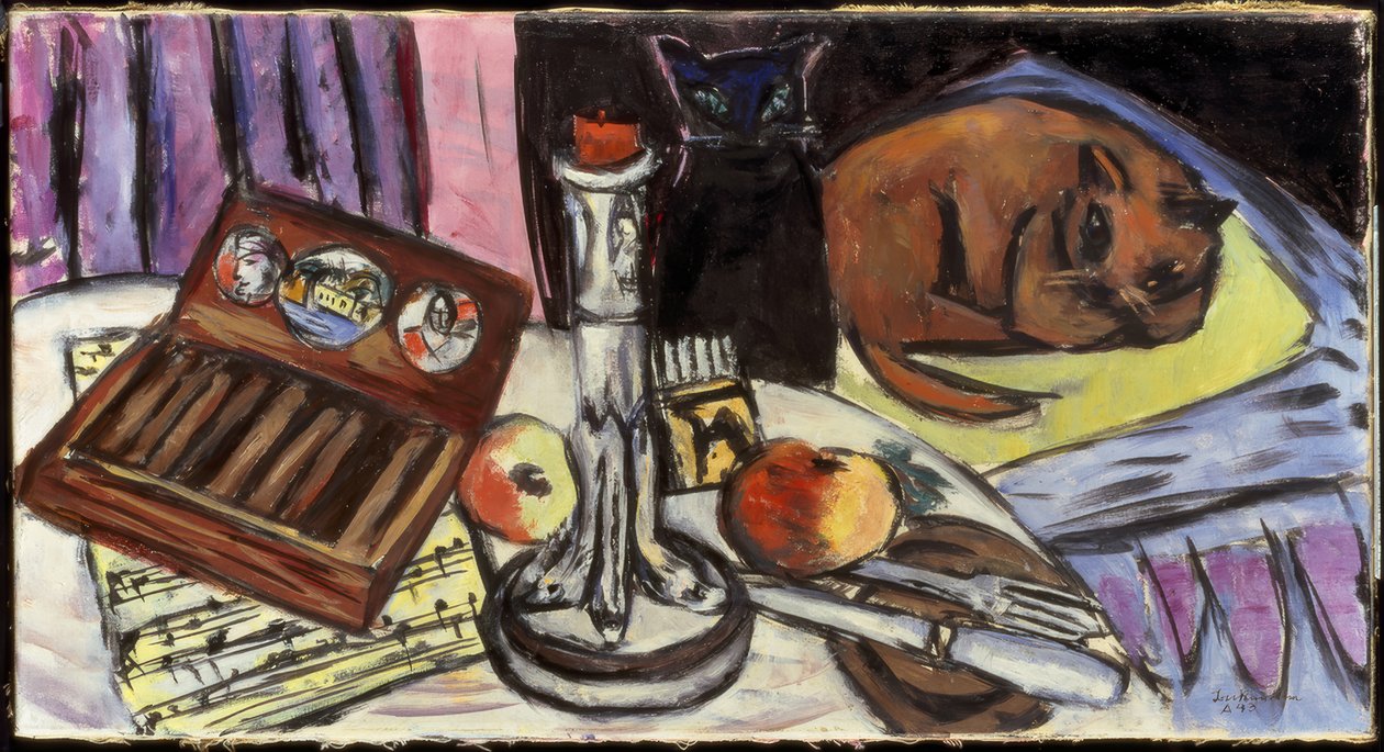 Gümüş bir şamdanla natürmort (kedilerle natürmort) by Max Beckmann