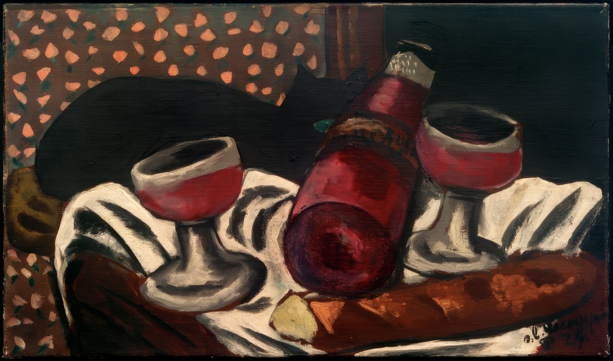 Şarap bardakları ve bir kedi ile natürmort by Max Beckmann