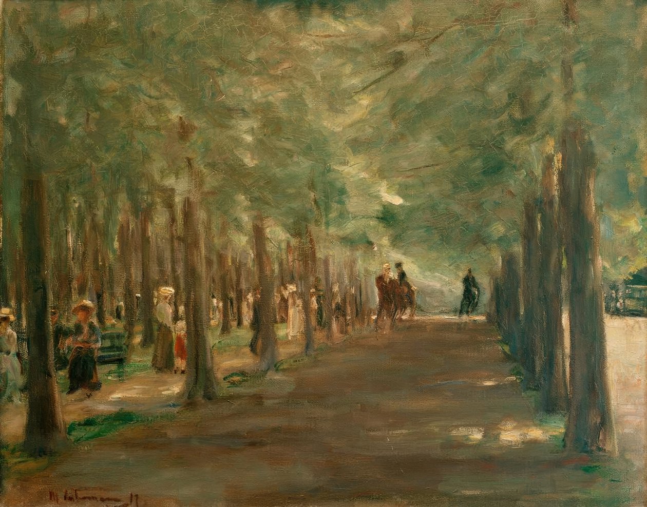 Biniciler ve yürüyüşçüler ile hayvanat bahçesinde sokak by Max Liebermann