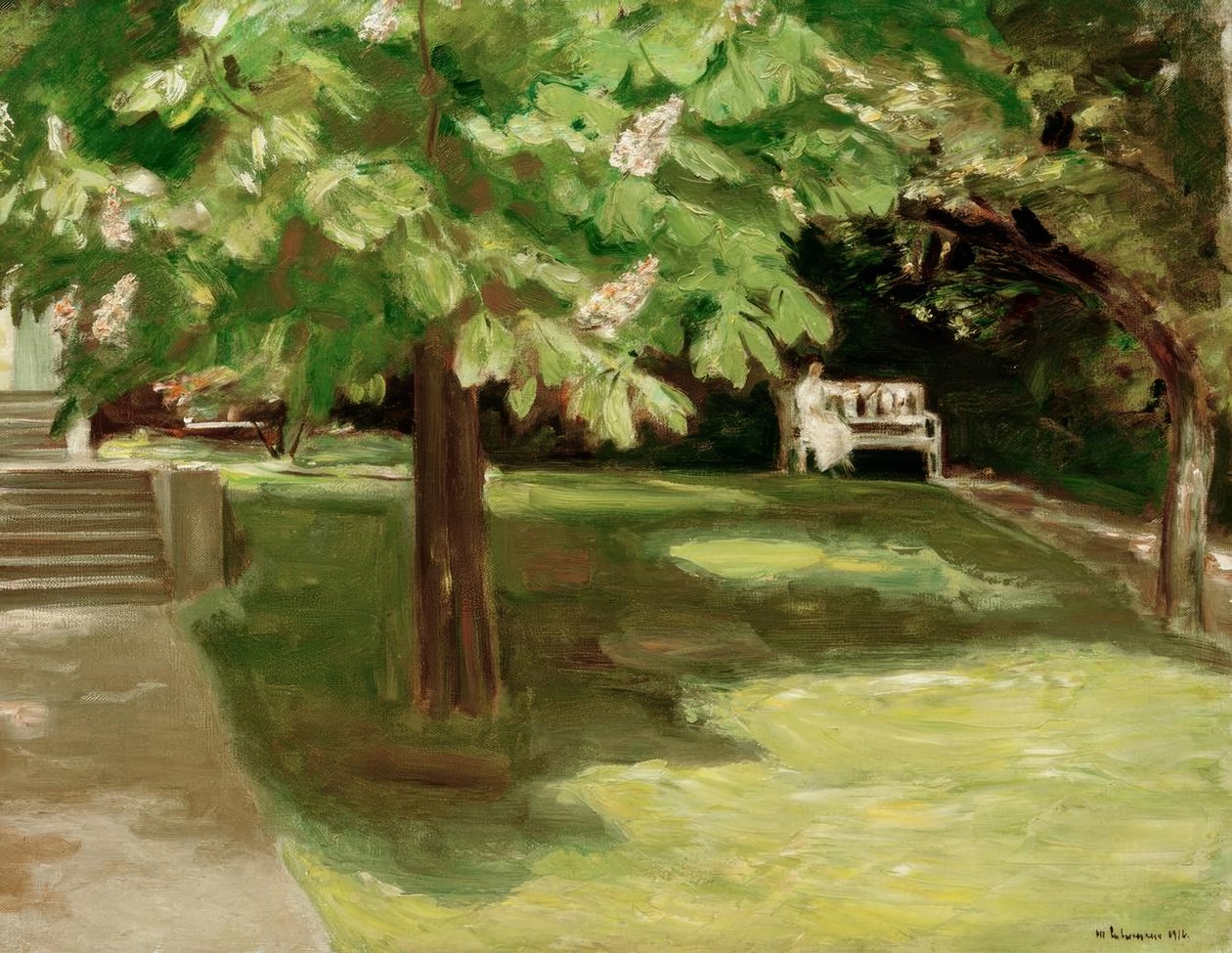 Kestane ağacının altında bahçe bankı - çiçek açmış kestaneler by Max Liebermann