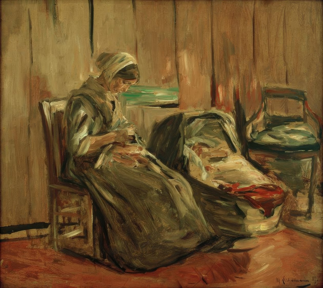 Bir dikiş kadın ile iç by Max Liebermann