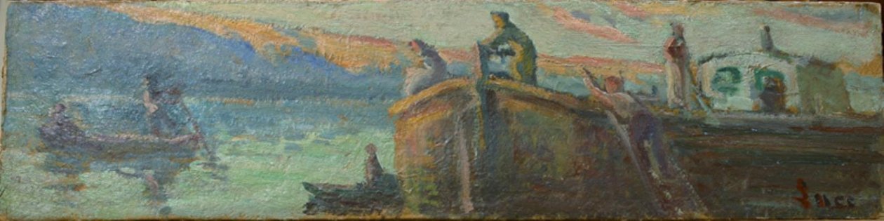 Mavna ve tekneler ile nehir manzarası by Maximilien Luce