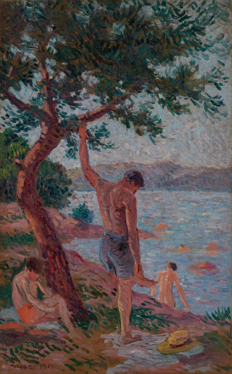 Saint-Tropez, çam ormanı altında yüzücüler by Maximilien Luce