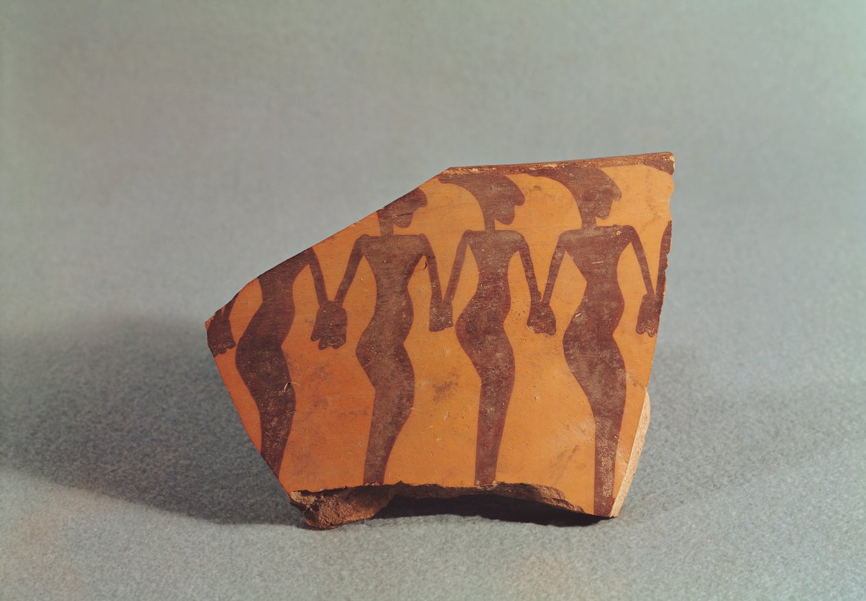 Dans eden kadınları betimleyen çanak çömlek parçası, yaklaşık 5000-4000 (seramik) by Mesopotamian