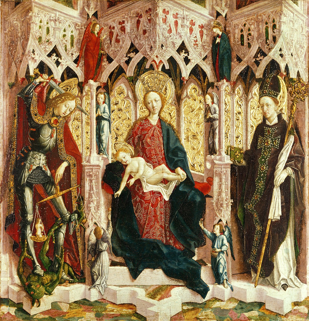 The Virgin and Child Enthroned, c.1475 (gümüş köknar üzerine yağlı boya) by Michael Pacher