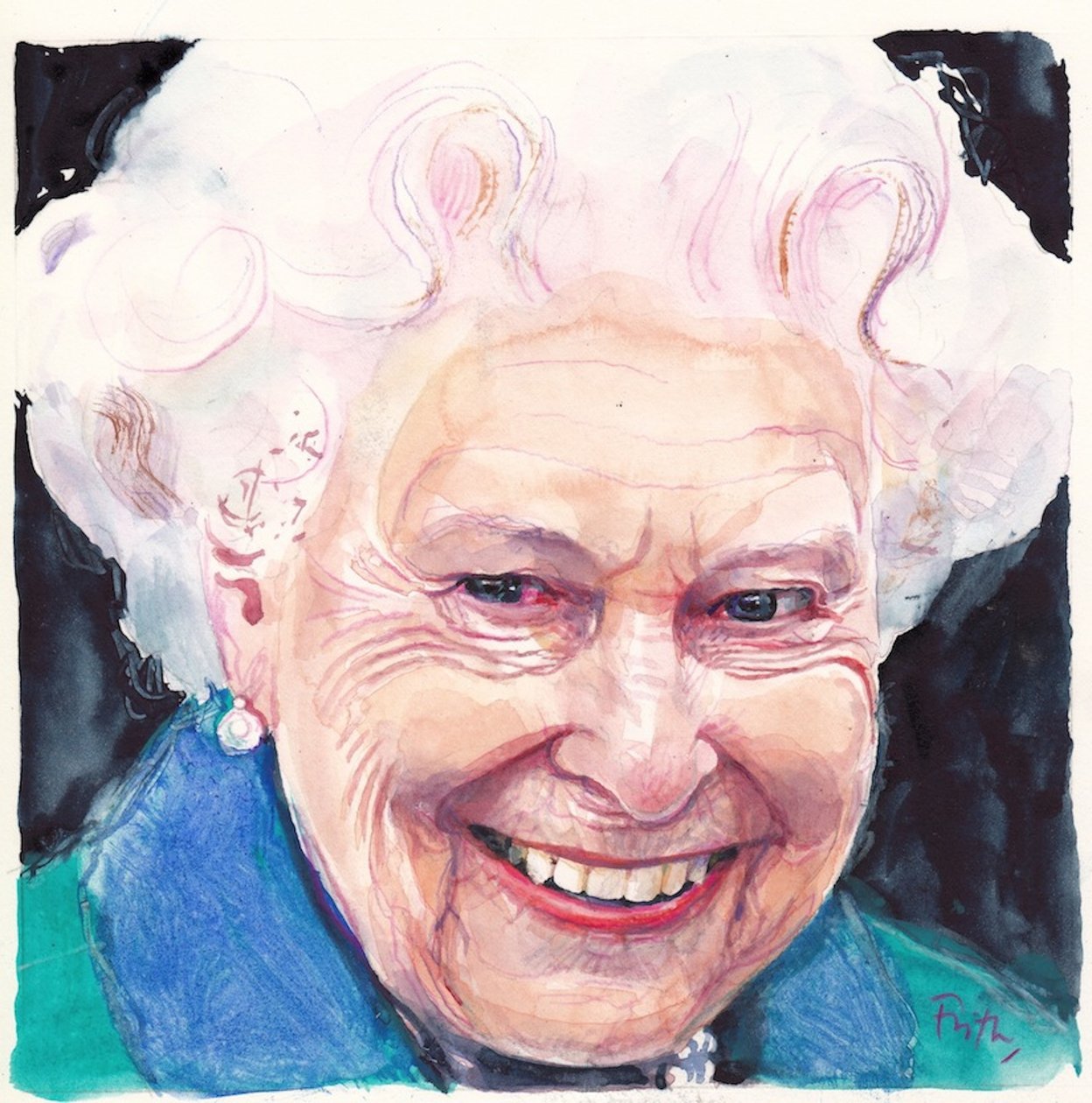 İngiltere Kraliçesi II. Elizabeth (sulu boya) by Michael Frith