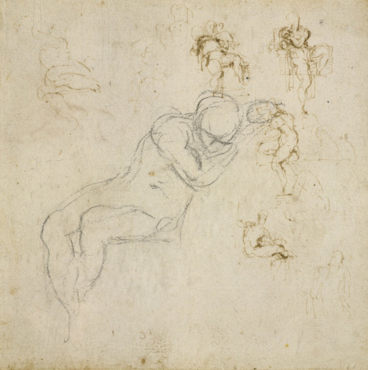 Figure Study, c.1511 (black chalk, pen und ink on paper) by Michelangelo Buonarroti