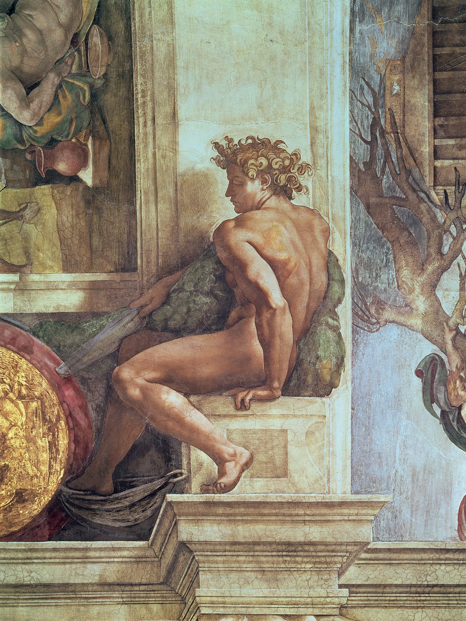 Sistine Tavanından Ignudo (restorasyon öncesi) by Michelangelo Buonarroti