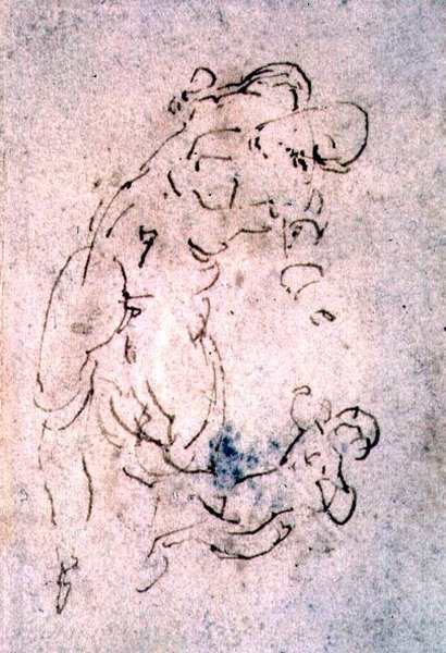 Env. 1859 6-25-553. R. (K.56) Yatan erkek ve çocuk çizimi (kırmızı tebeşir) by Michelangelo Buonarroti