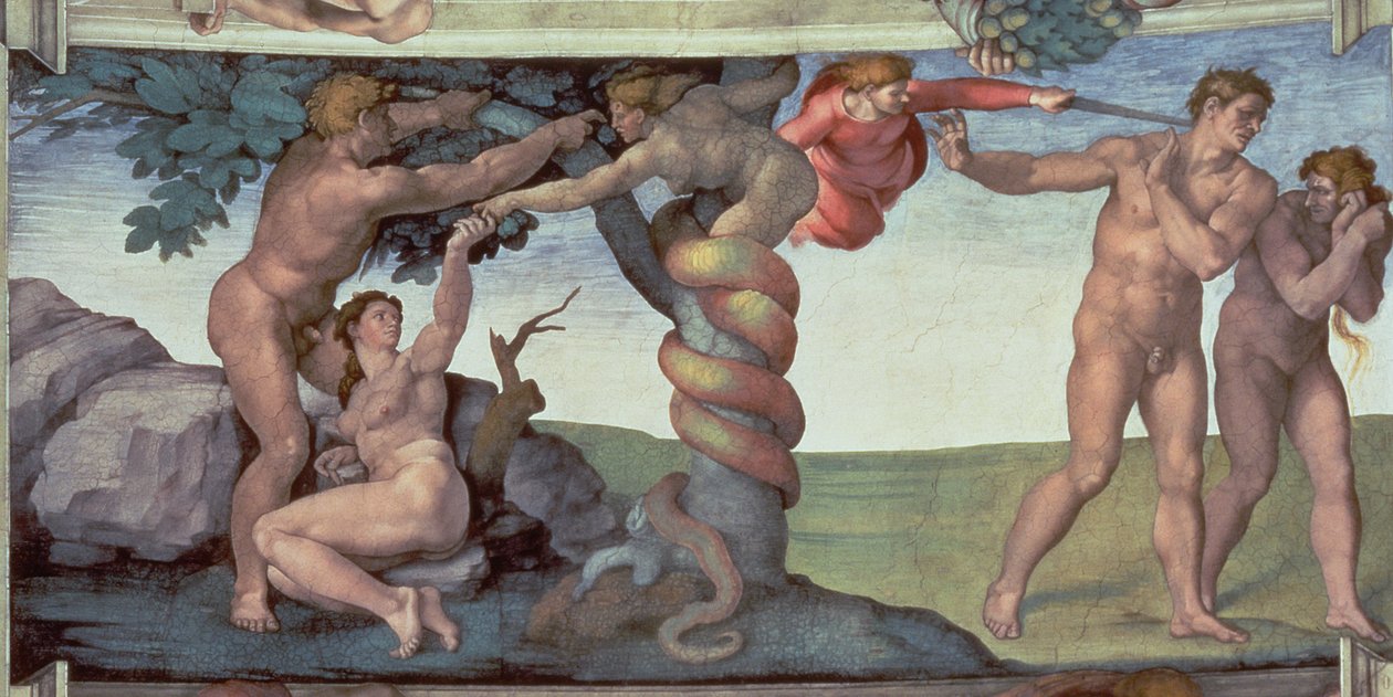 Sistine Şapeli Tavanı (1508-12): İnsanın Düşüşü, 1510 (restorasyon sonrası) by Michelangelo Buonarroti