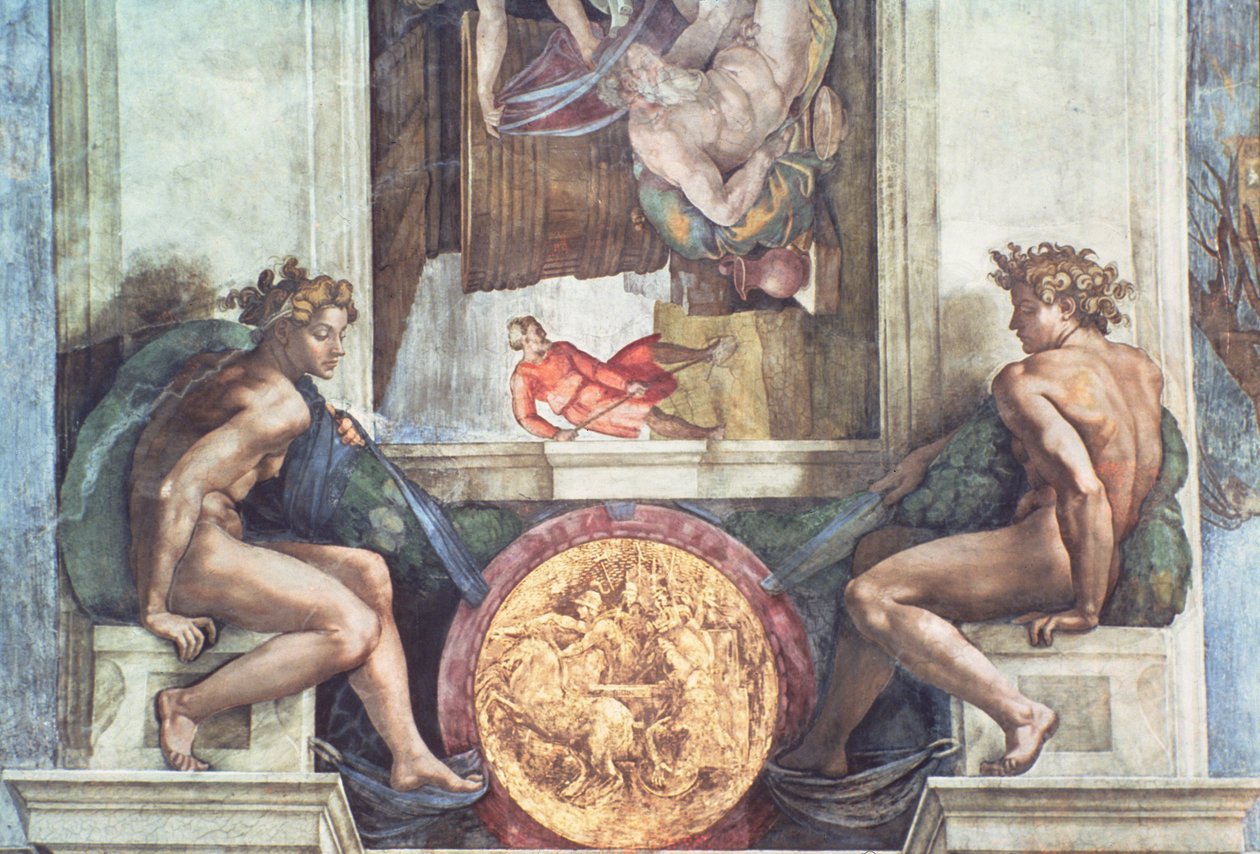 Sistine Şapeli Tavanı: Ignudi (restorasyon öncesi) by Michelangelo Buonarroti
