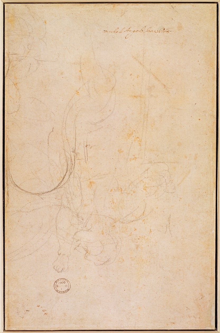 Sanatçının imzalı bir figür taslağı (kağıt üzerinde karakalem) (verso) by Michelangelo Buonarroti