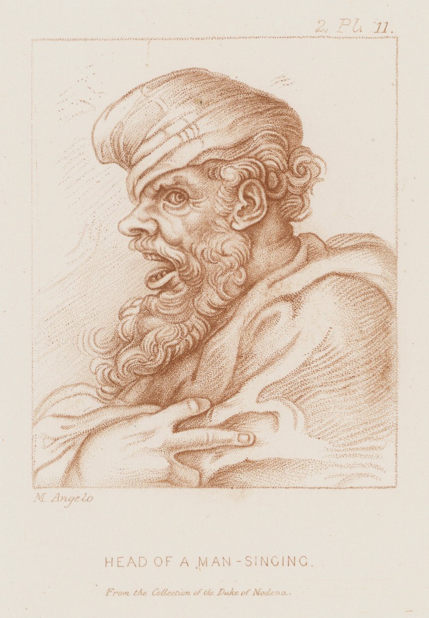 Şarkı söyleyen bir adamın başı (gravür) by Michelangelo (after) Buonarroti