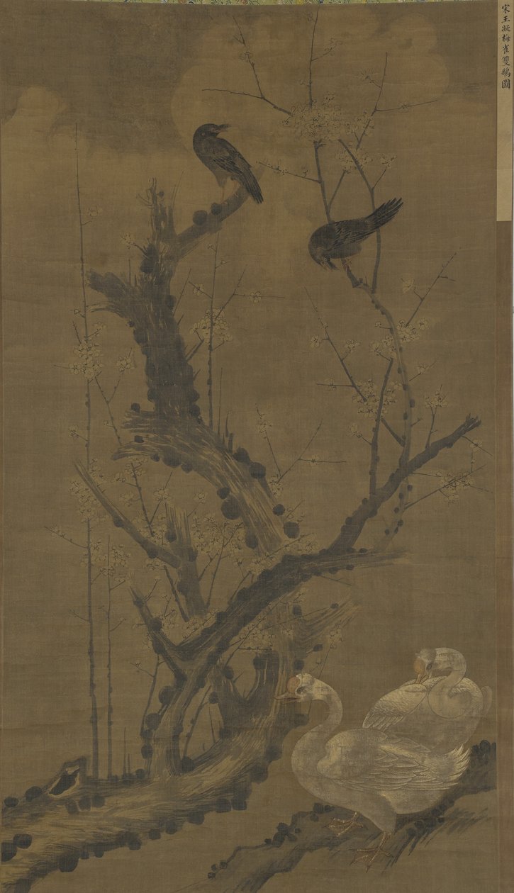 Mynahs, Kazlar ve Çiçekli Erik by Ming Dynasty Chinese School