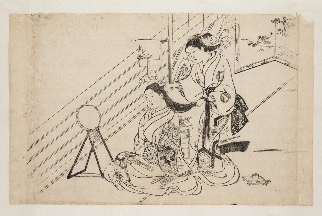 Kadın saç tarama (renkli tahta baskı) by Mitsunobu Hasegawa
