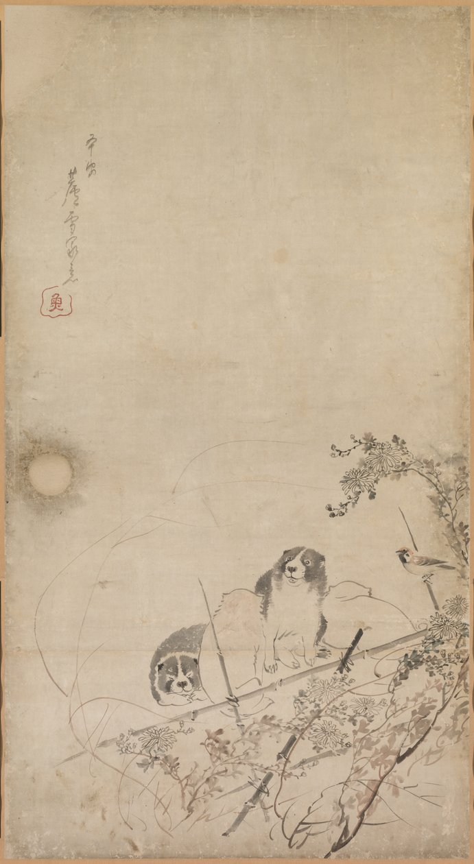 Köpek Yavruları, Serçeler ve Krizantemler, 1754-1799. by Nagasawa Rosetsu